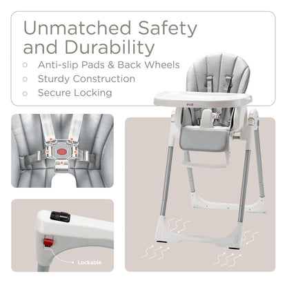 KÜB 3-in-1 Foldable Portable Baby High Chair with Lockable Wheels – Grey