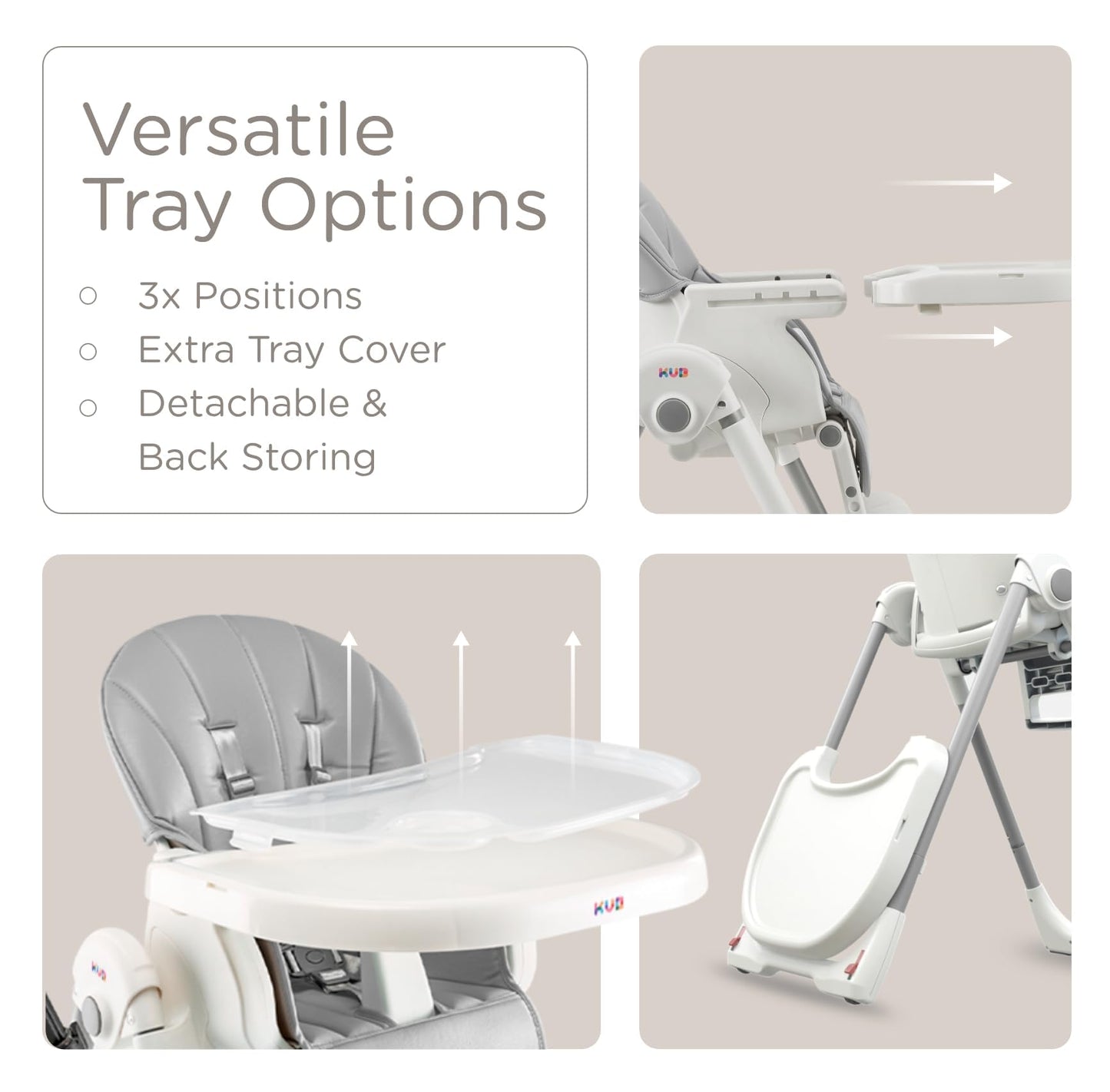 KÜB 3-in-1 Foldable Portable Baby High Chair with Lockable Wheels – Grey