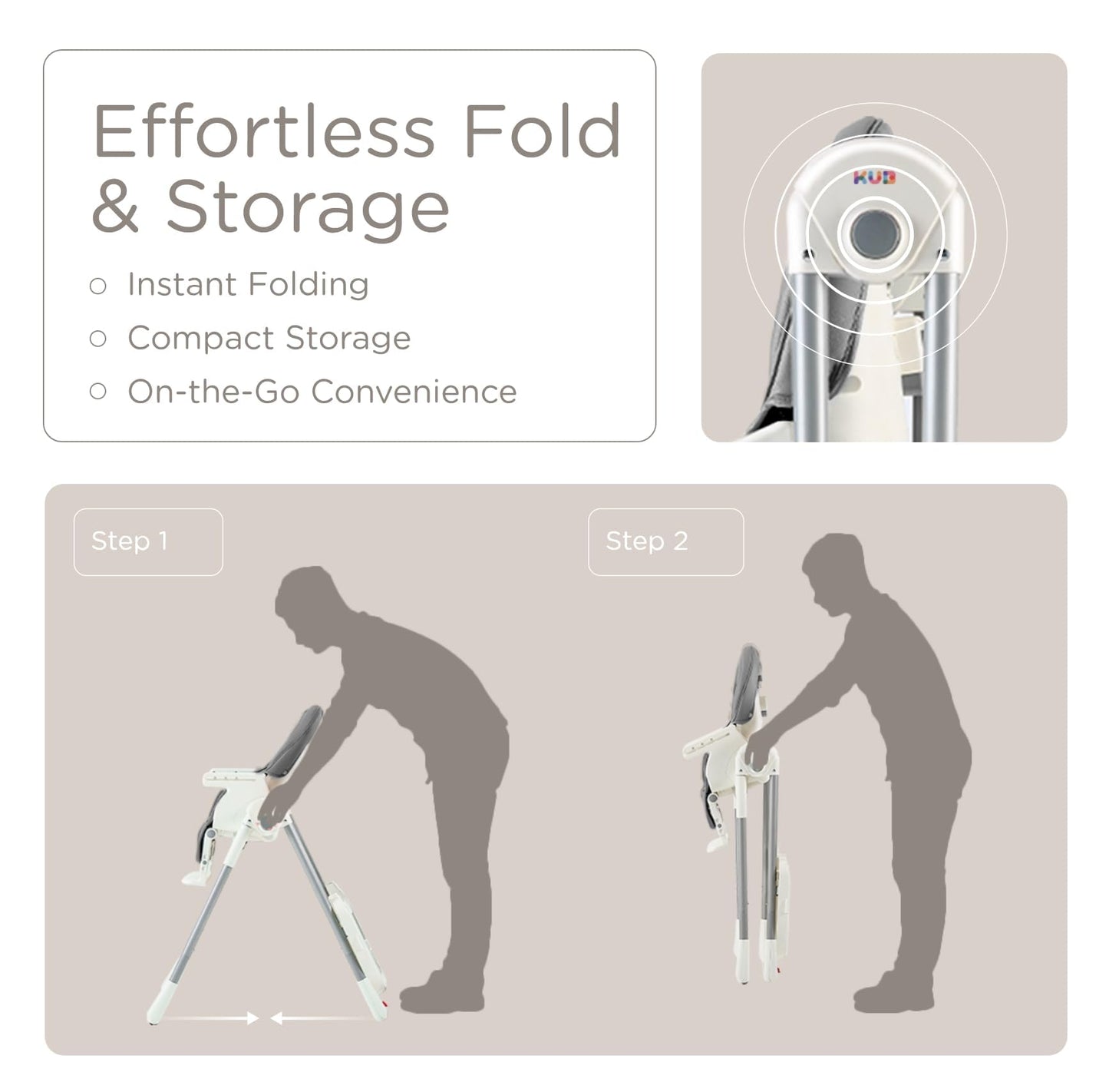 KÜB 3-in-1 Foldable Portable Baby High Chair with Lockable Wheels – Grey