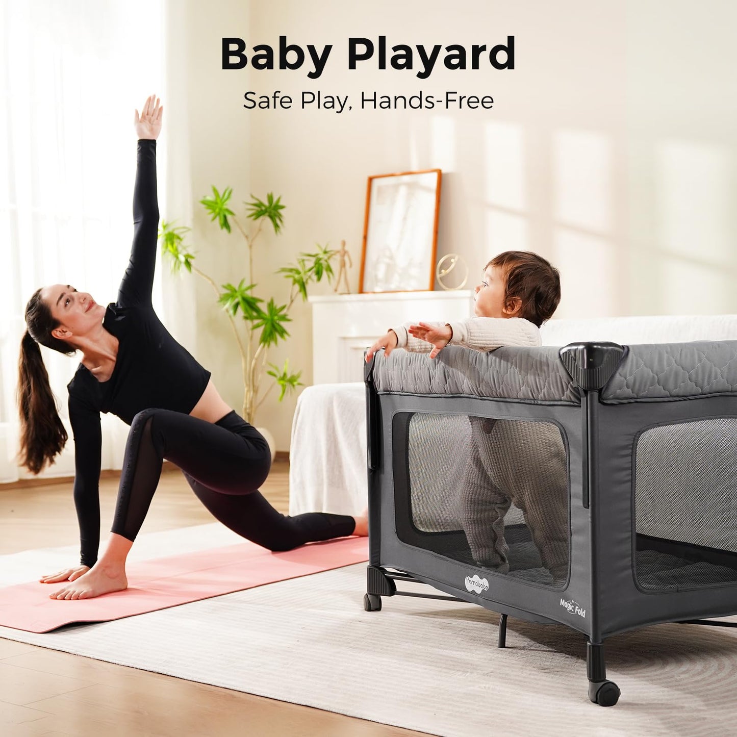 Pamo Babe 7-in-1 Pack and Play with Bedside Bassinet & Playpen, Grey