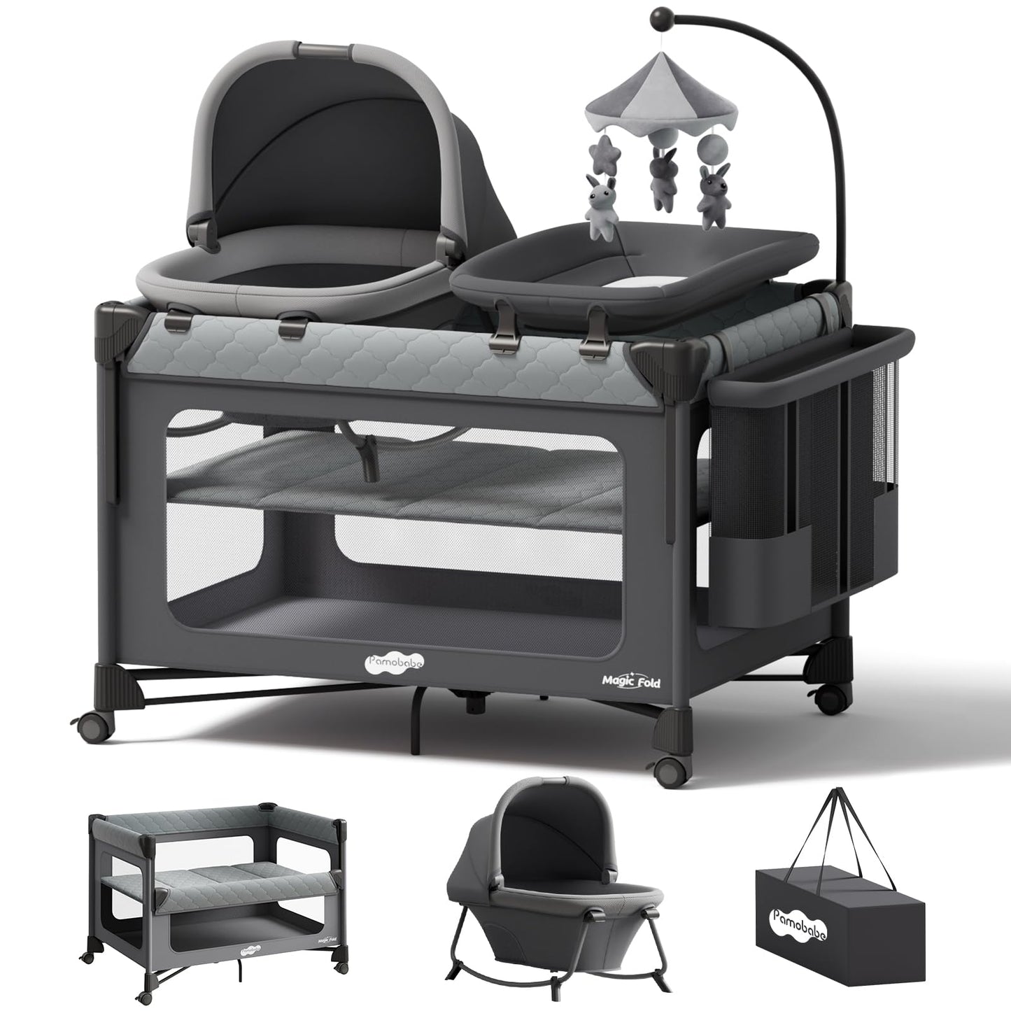 Pamo Babe 7-in-1 Pack and Play with Bedside Bassinet & Playpen, Grey