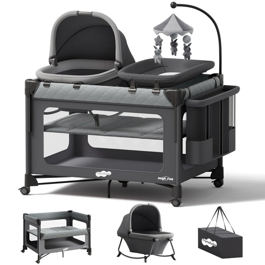 Pamo Babe 7-in-1 Pack and Play with Bedside Bassinet & Playpen, Grey