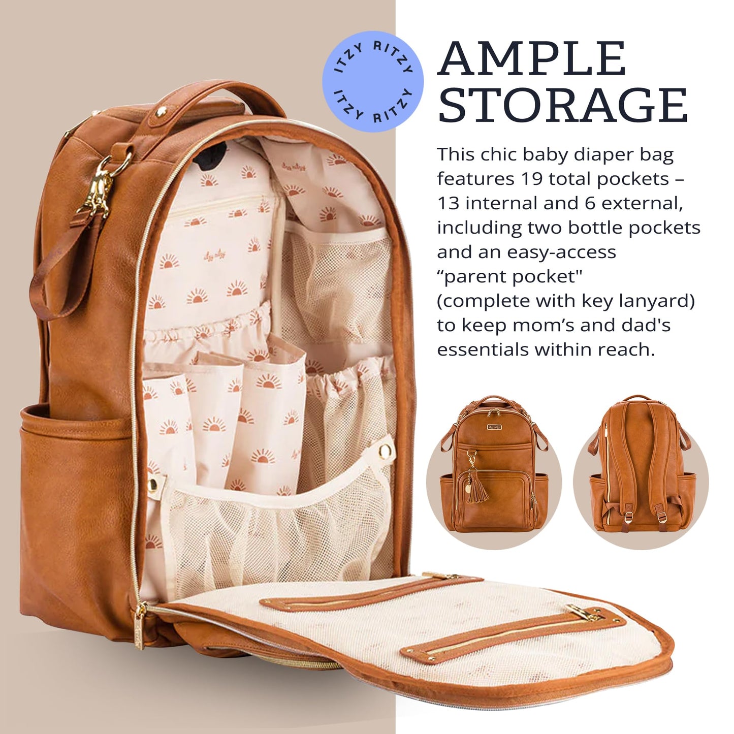 Itzy Ritzy Boss Plus Large Diaper Bag Backpack – 19 Pockets, Cognac