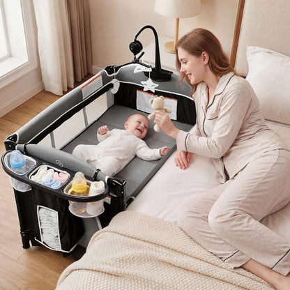 Kinder King 4-in-1 Portable Baby Playard & Bedside Crib – Dark Grey