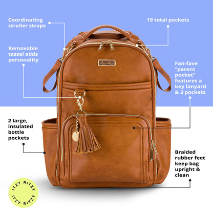 Itzy Ritzy Boss Plus Large Diaper Bag Backpack – 19 Pockets, Cognac