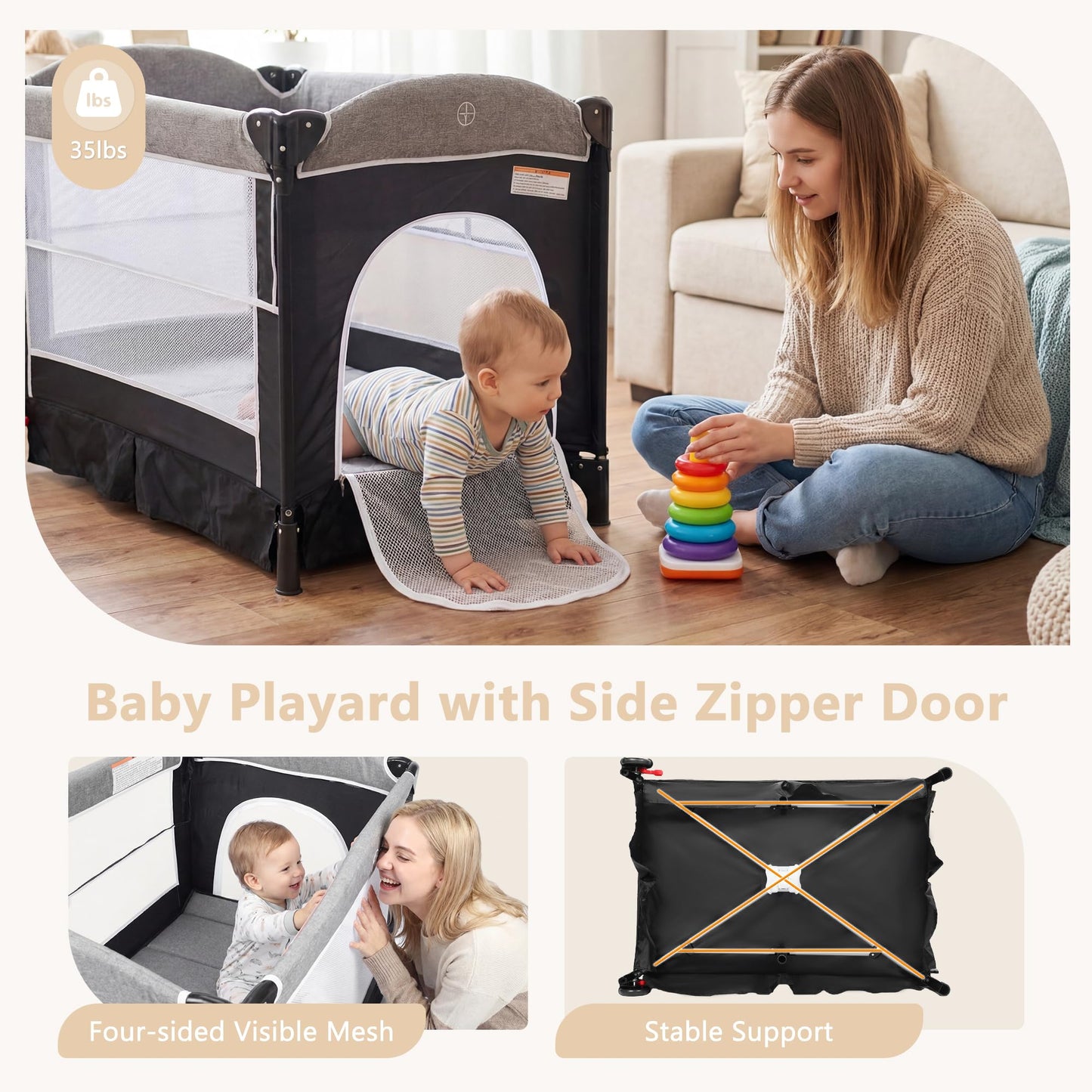 Kinder King 4-in-1 Portable Baby Playard & Bedside Crib – Dark Grey