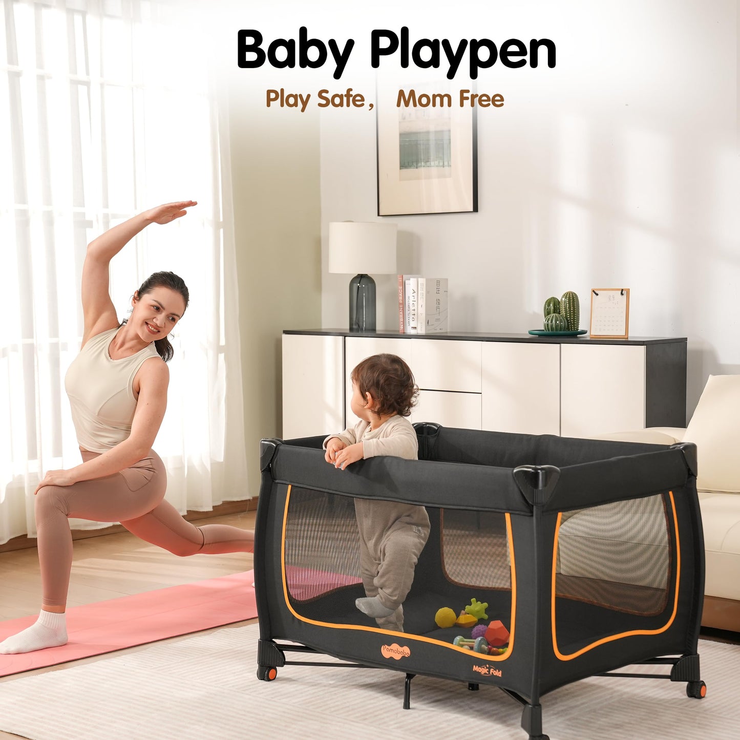 Pamo Babe 6-in-1 Portable Baby Pack and Play with Bassinet, Black