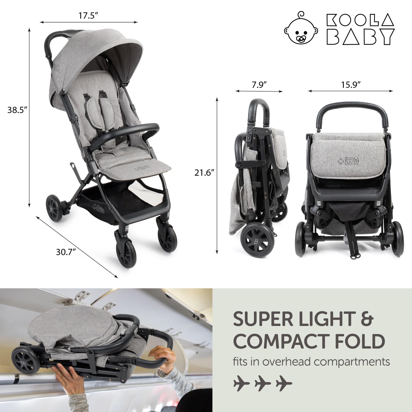 KOOLABABY Lightweight Compact Travel Stroller with Canopy – Grey