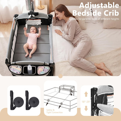 Kinder King 4-in-1 Portable Baby Playard & Bedside Crib – Dark Grey