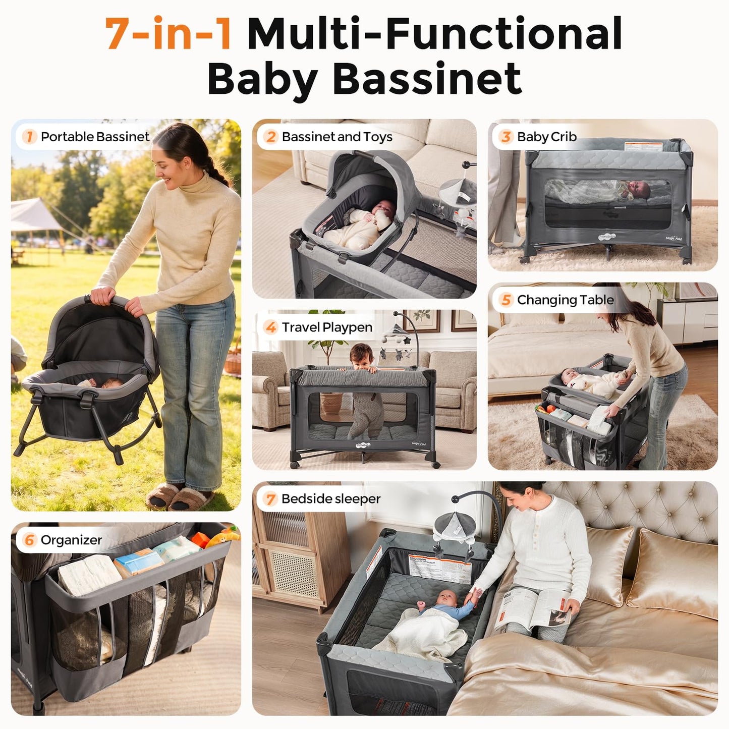 Pamo Babe 7-in-1 Pack and Play with Bedside Bassinet & Playpen, Grey