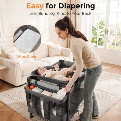Pamo Babe 7-in-1 Pack and Play with Bedside Bassinet & Playpen, Grey
