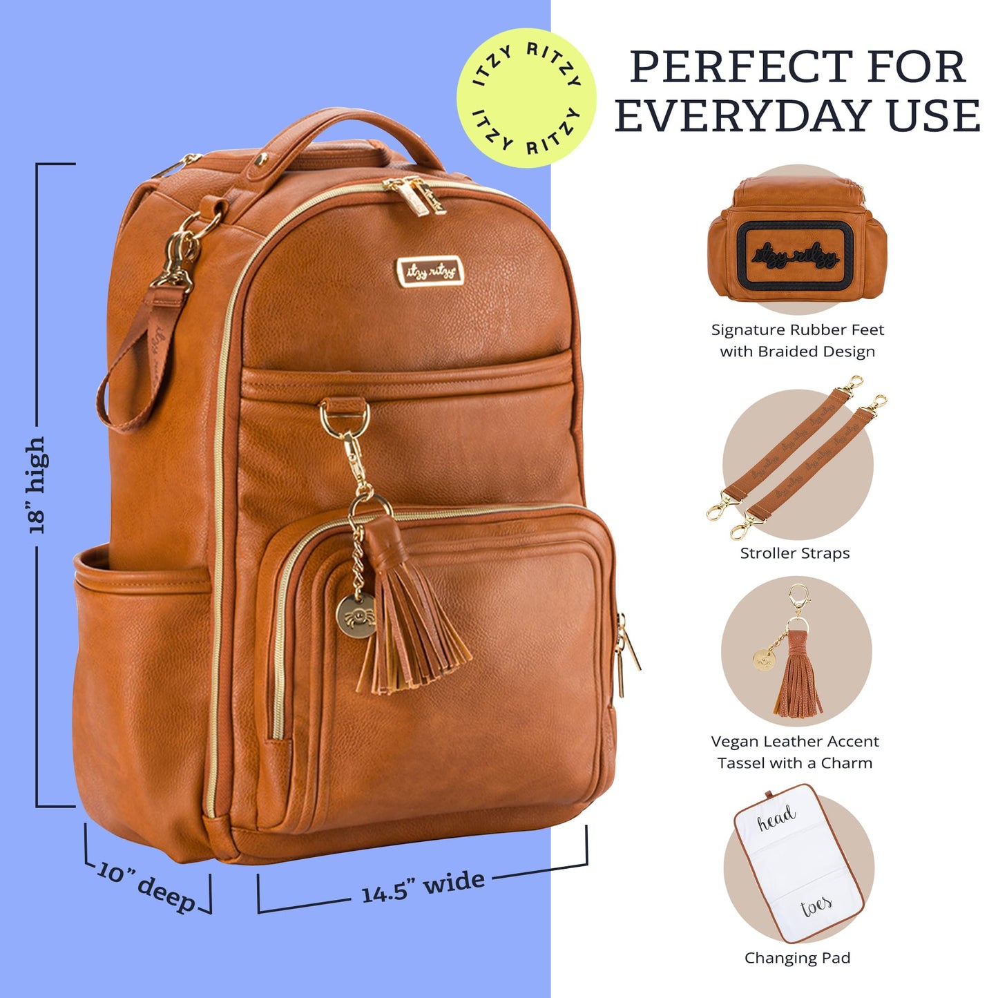 Itzy Ritzy Boss Plus Large Diaper Bag Backpack – 19 Pockets, Cognac