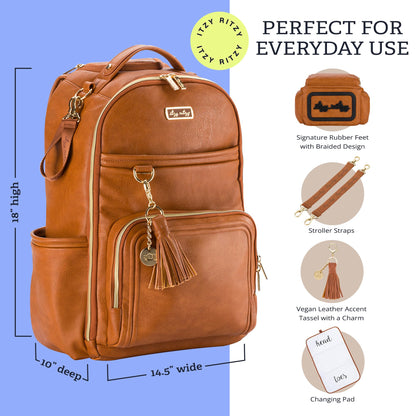 Itzy Ritzy Boss Plus Large Diaper Bag Backpack – 19 Pockets, Cognac