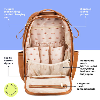 Itzy Ritzy Boss Plus Large Diaper Bag Backpack – 19 Pockets, Cognac
