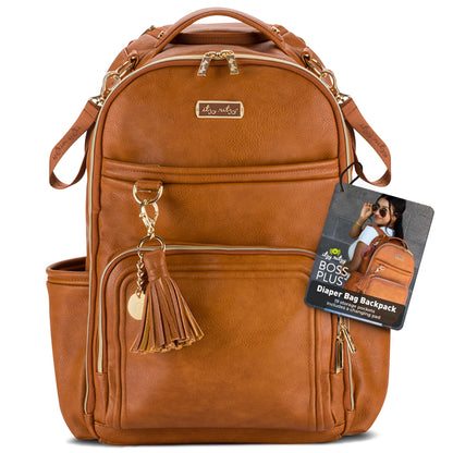 Itzy Ritzy Boss Plus Large Diaper Bag Backpack – 19 Pockets, Cognac
