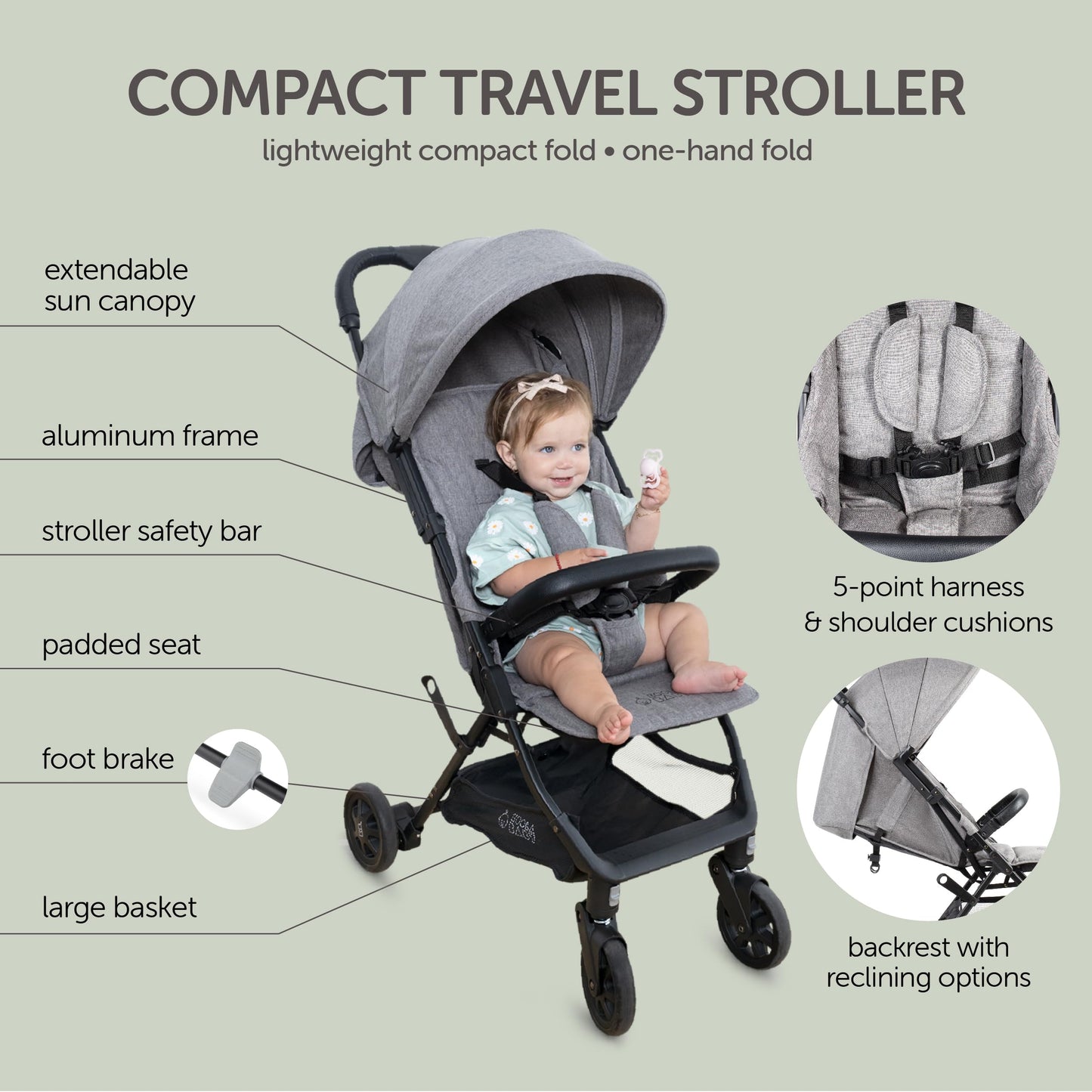 KOOLABABY Lightweight Compact Travel Stroller with Canopy – Grey