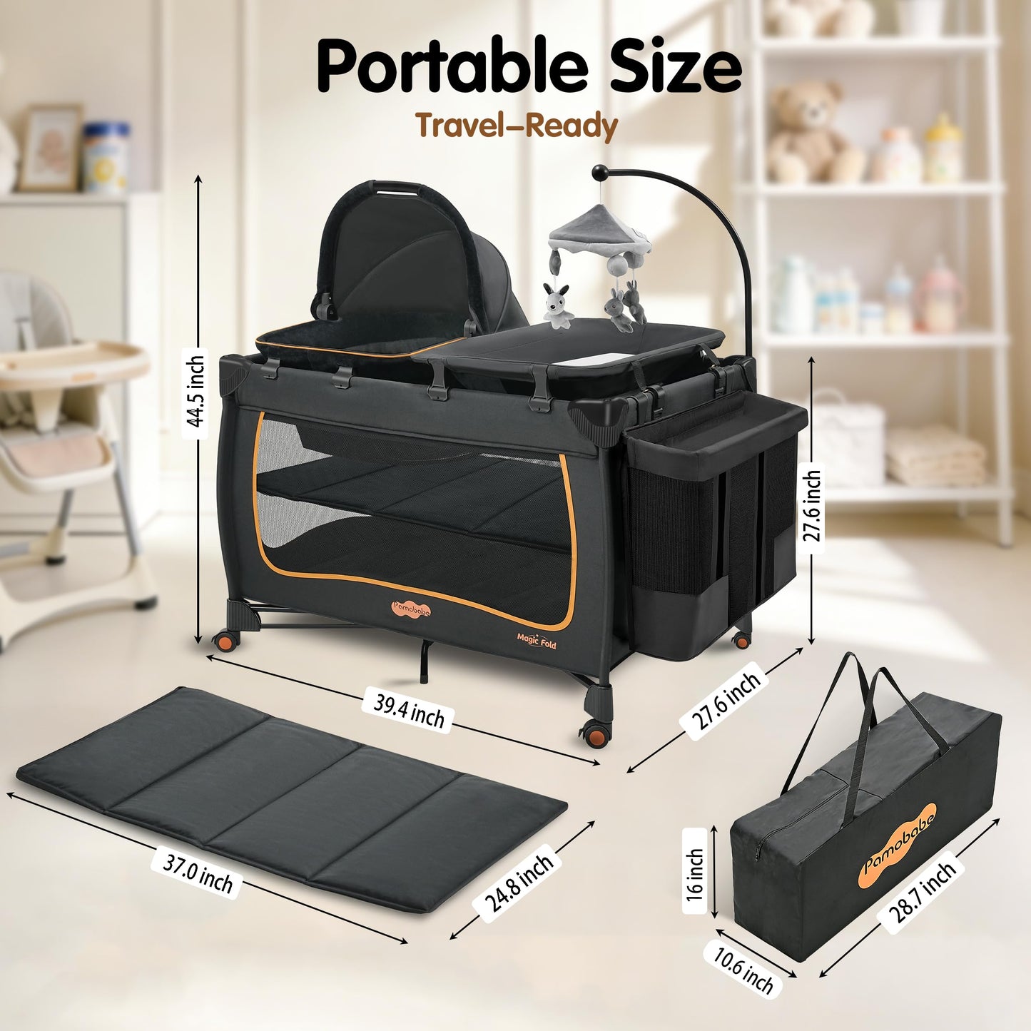 Pamo Babe 6-in-1 Portable Baby Pack and Play with Bassinet, Black