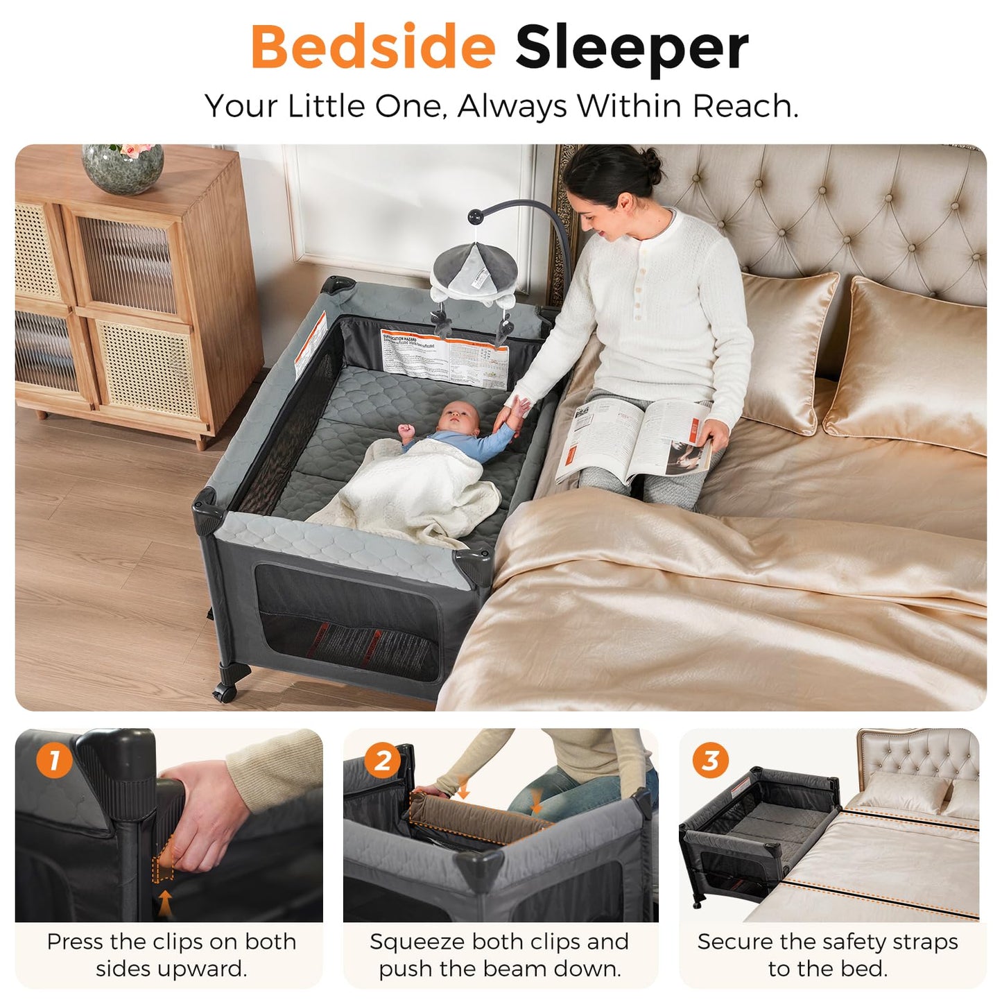 Pamo Babe 7-in-1 Pack and Play with Bedside Bassinet & Playpen, Grey