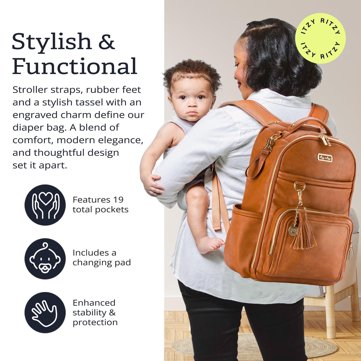 Itzy Ritzy Boss Plus Large Diaper Bag Backpack – 19 Pockets, Cognac