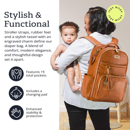 Itzy Ritzy Boss Plus Large Diaper Bag Backpack – 19 Pockets, Cognac
