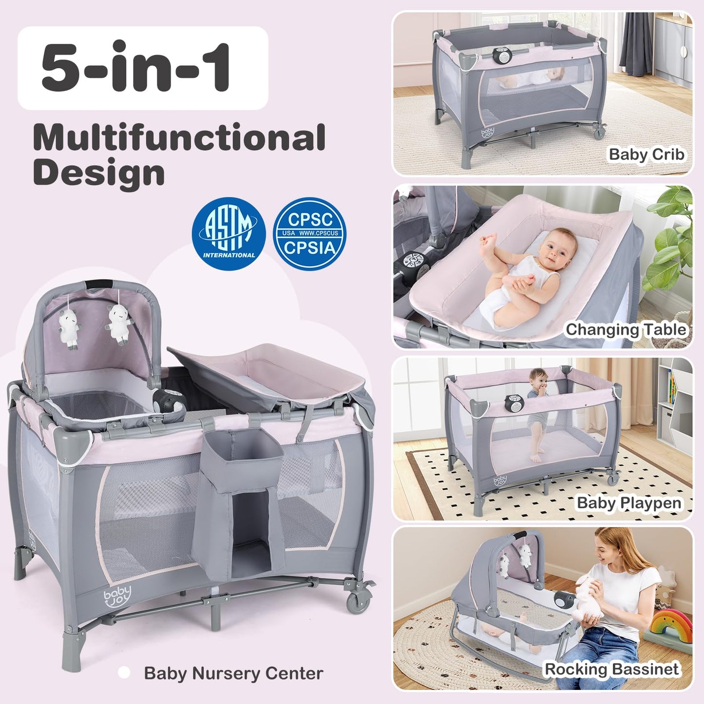 BABY JOY 5-in-1 Pack and Play with Bassinet & Changing Table