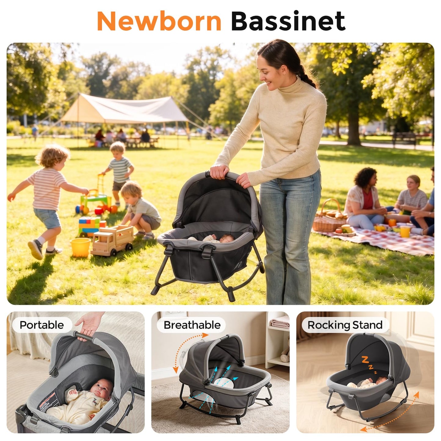 Pamo Babe 7-in-1 Pack and Play with Bedside Bassinet & Playpen, Grey