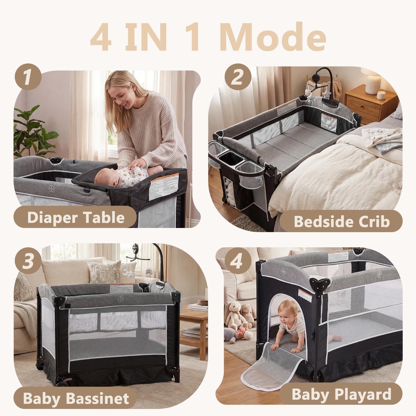 Kinder King 4-in-1 Portable Baby Playard & Bedside Crib – Dark Grey
