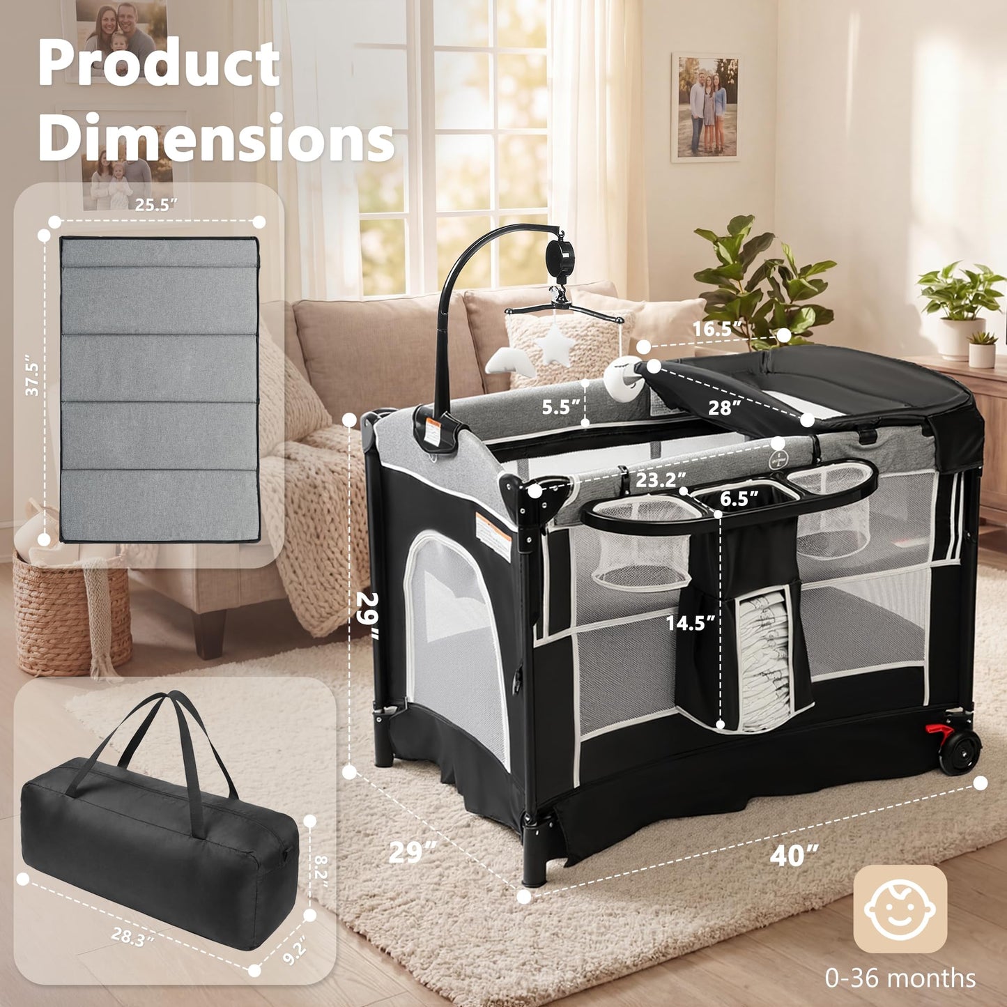 Kinder King 4-in-1 Portable Baby Playard & Bedside Crib – Dark Grey