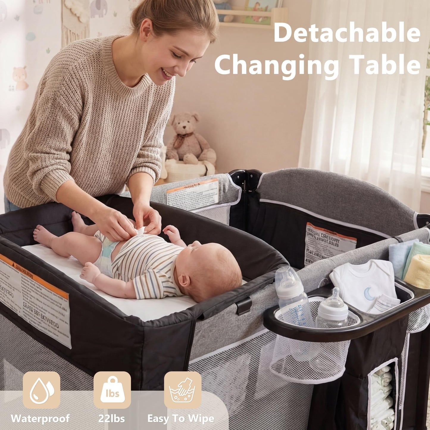 Kinder King 4-in-1 Portable Baby Playard & Bedside Crib – Dark Grey