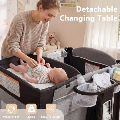 Kinder King 4-in-1 Portable Baby Playard & Bedside Crib – Dark Grey
